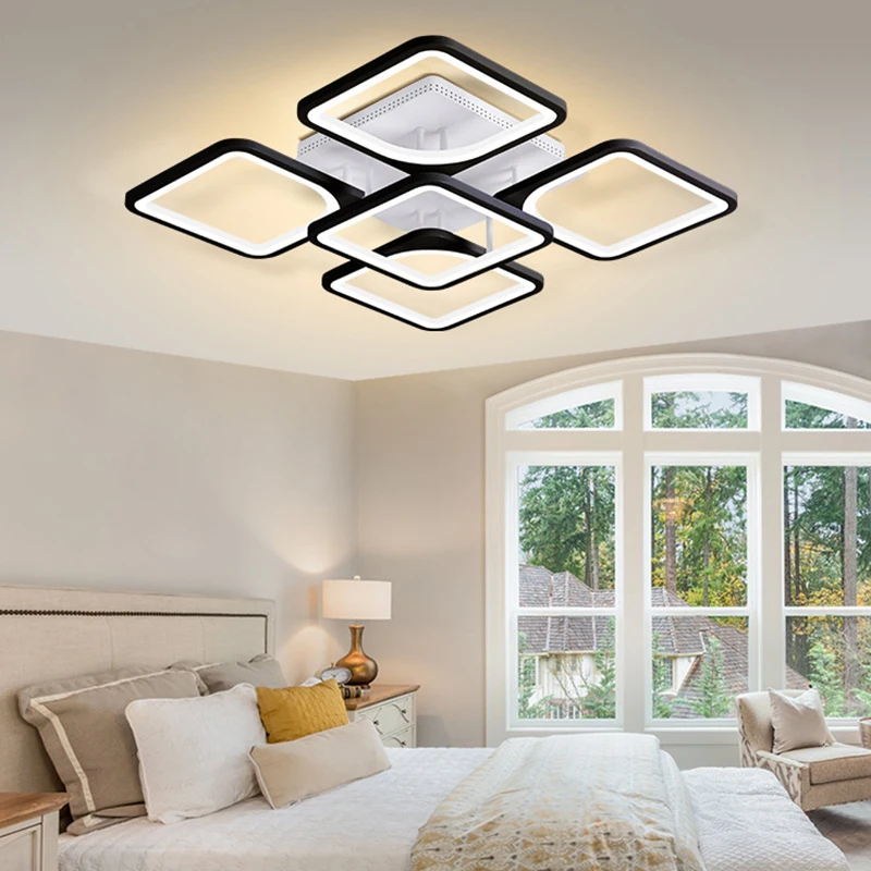 Modern Square LED Ceiling Light Fixture with Remote Control Dimmable LED Chandelier for Bedroom Living Room Decor