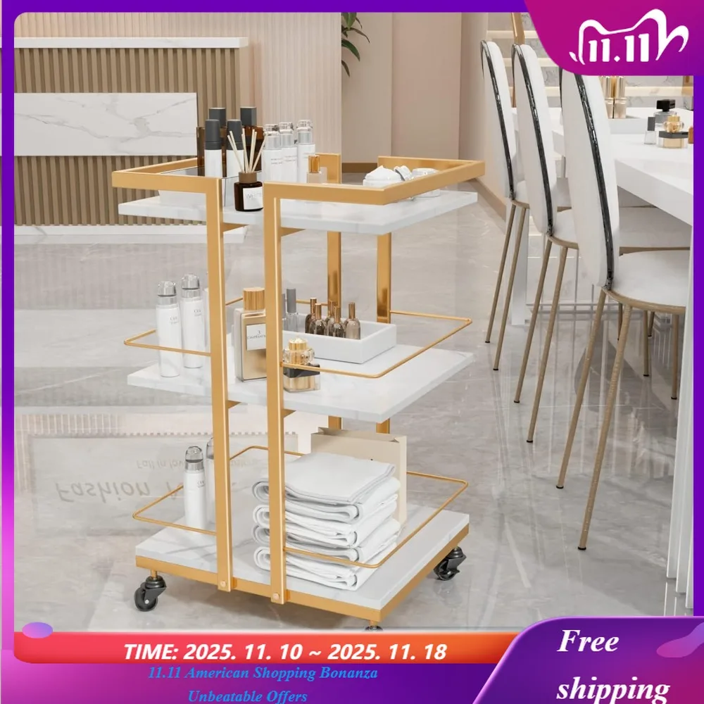 عربة تجميل مع عربة دوارة لصالونات التجميل بعجلات، منظم تخزين متنقل ذهبي لتدليك مستحضرات التجميل والمنتجعات الصحية #1