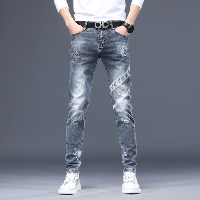 

Fashionable Printed Slim Fit Straight Leg Stretchy Casual Long Jeans Men's High Waist Cotton Elastic Denim Pants Autumn New A...