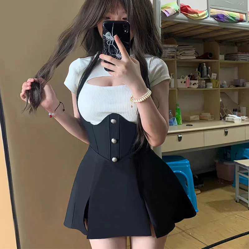 Japanese Sexy Sweet Skirt Sets Black Dress Womens Hollow Top Club Party Mini Dresses Female Korean Fashion Dress Summer 2023 New