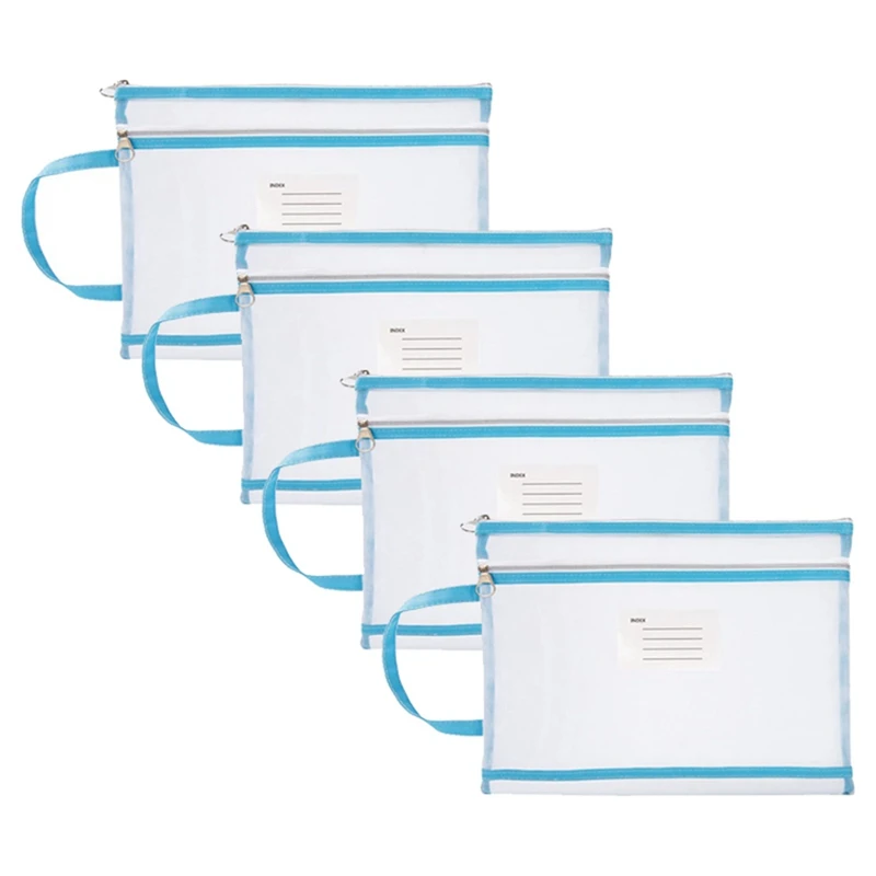 4Pcs Mesh Zipper Pouch Translucent A4 Document Bag Book File Folders A4 Mesh Zip Folder Blue