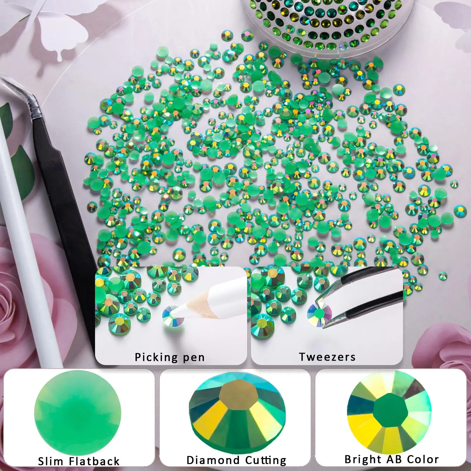 Green Series 2-5mm Wholesale Resin Rhinestones for Clothing Decoration Non Hotfix Glitter Flatback Crystal Nail Art