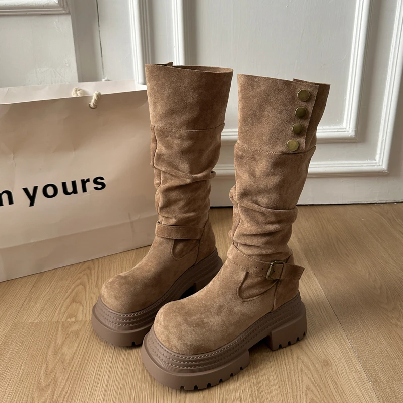 

2026 Clearance Sale Mid-calf Boots Cow Suede Round Toe Thick Sole Waterproof Women's Boots Winter Casual Daily Fashion Shoes