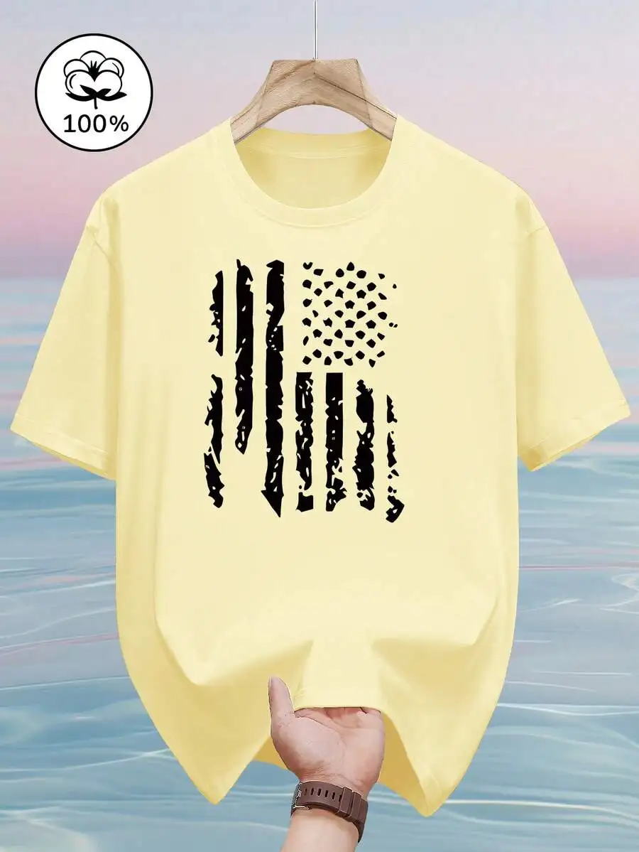 

100% Cotton Mens Loose Fit Short Sleeve Tee With American Flag Print Casual Summer Top