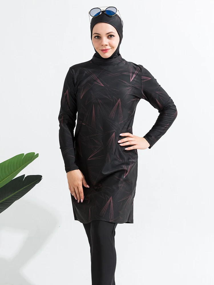 3PCS/Set Muslim Modest Burkini Women Swimwear Swimsuit Bathing Suit Ray Pattern Full Cover Hijab, Top, Pant