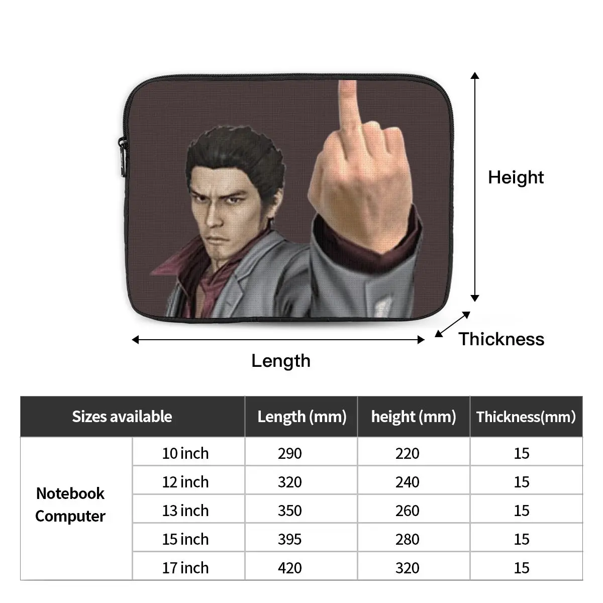 Kazuma Kiryu Middle Finger Notebook Laptop Bag Case Pouch Notebook Sleeve Cover Bag Tablet Shockproof Case Bag