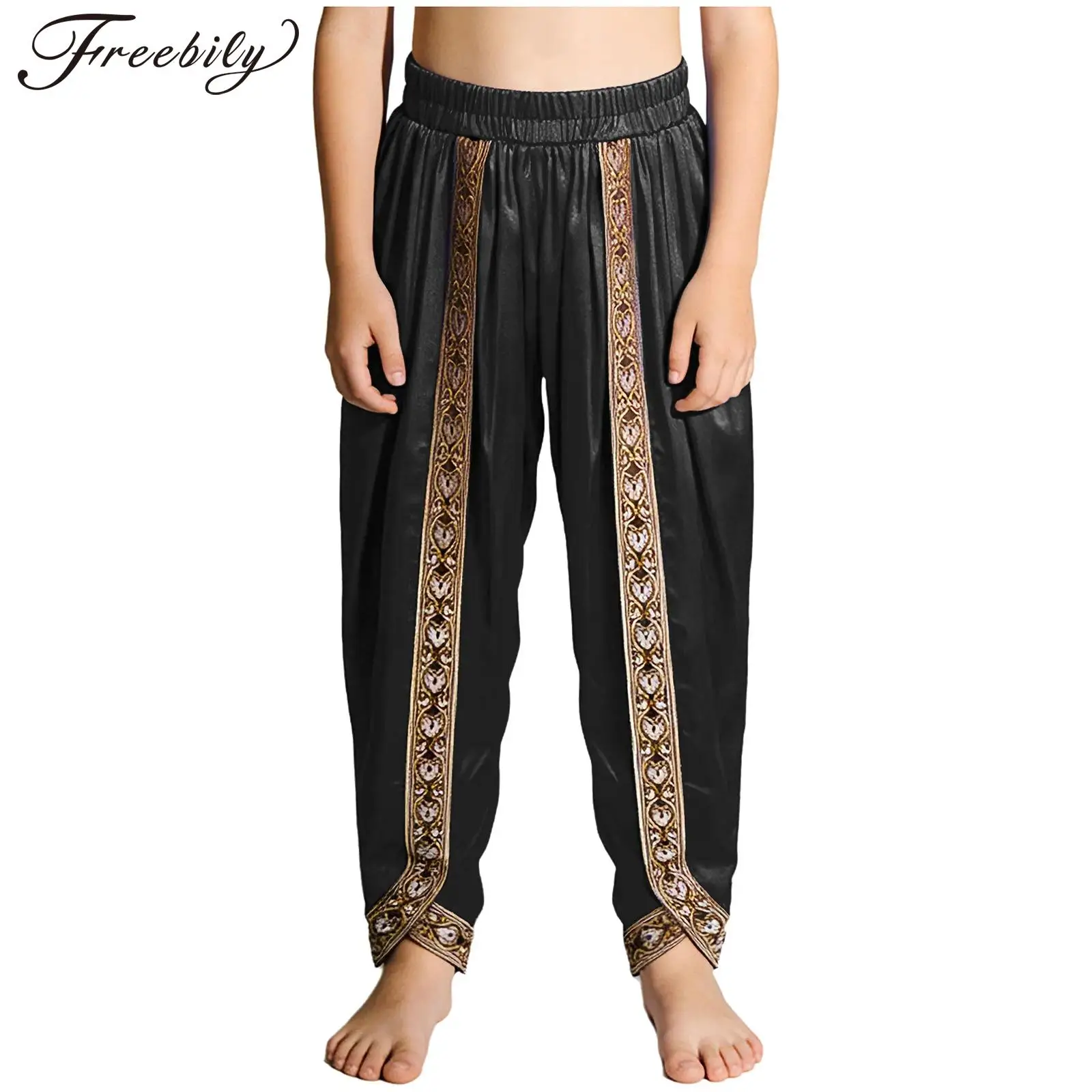 Kids Boys Satin Dhoti Pants Halloween Carnival Arabian Prince Cosplay Costume Elastic Waistband Embroidered Trim Baggy Trousers
