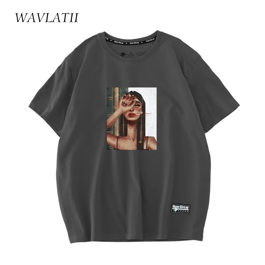 WAVLATII New 2022 Women Gothic Style T Shirts Female Abstract Printed Streetwear 100% Cotton Black Summer Tees Tops WT2208