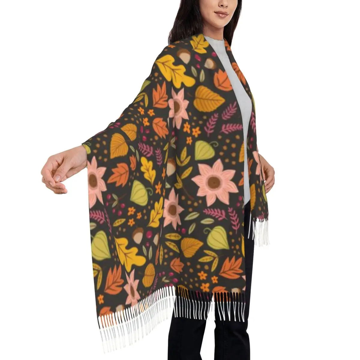 

Осенняя темная шаль с цветочным принтом, шарф с кисточками