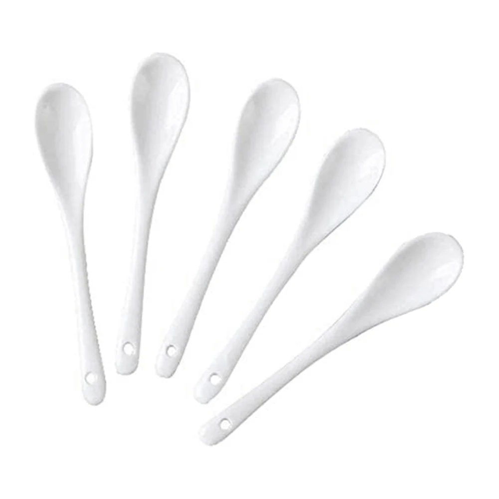 5PCS White Porcelain Egg Spoons Ceramic Spoons Coffee Spoon Dessert Spoon Mocha Dip Serving Spoon