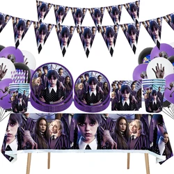 O filme quarta-feira addams festa de aniversário decoração banner balão utensílios de mesa festivo material do evento decoração para casa fundo