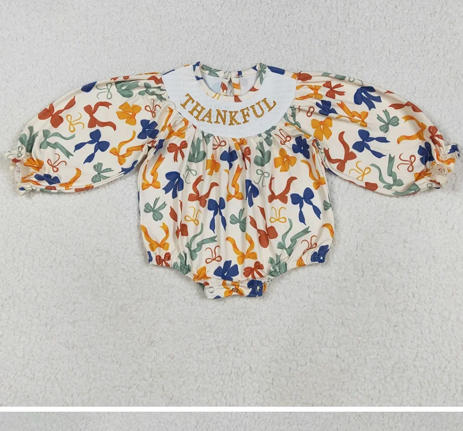 

Лидер продаж, комбинезоны со сборками для маленьких девочек, комбинезоны с вышивкой, благодарственными красочными бантами и рюшами, осенние детские комбинезоны с пузырьками для маленьких девочек