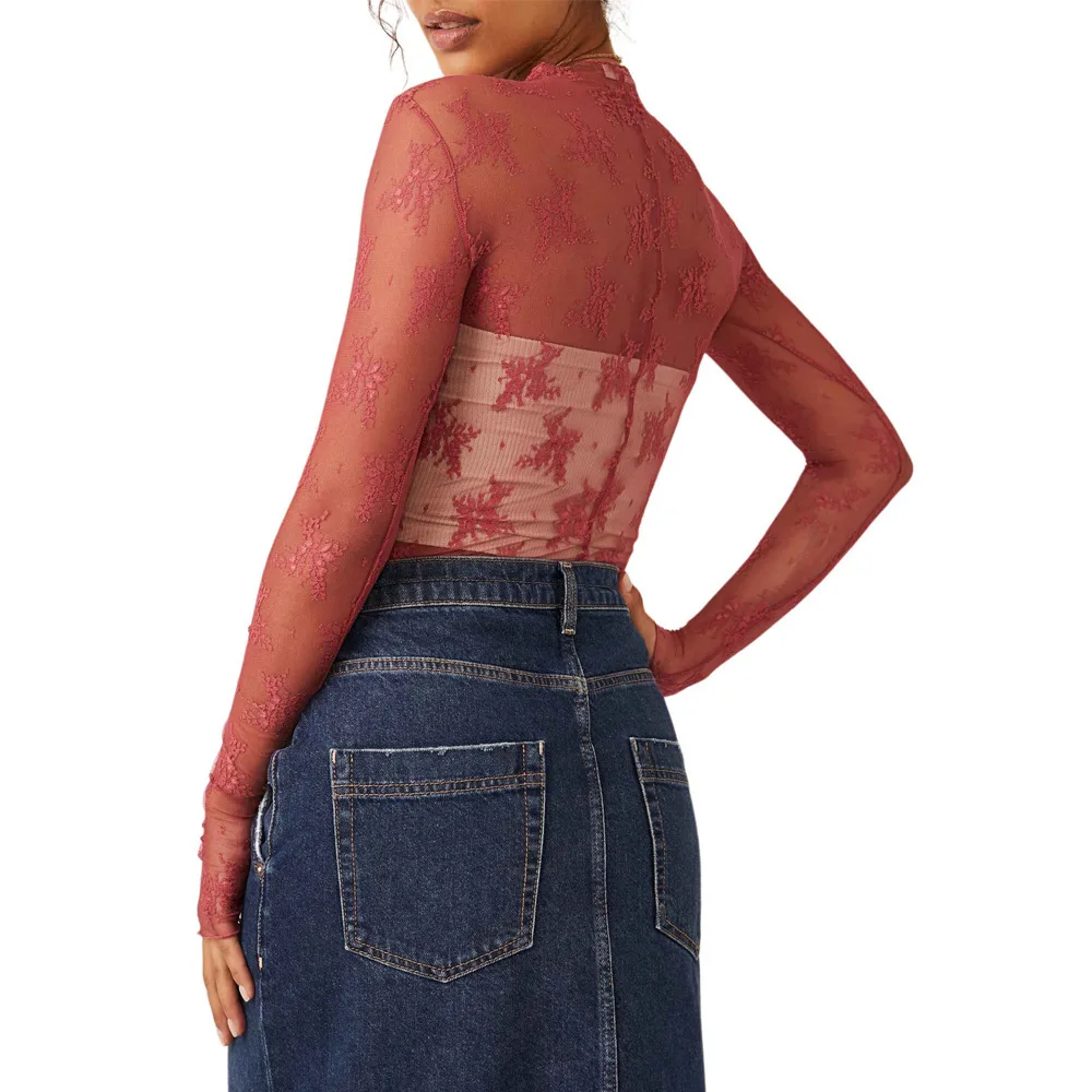 Cseta Interior de Mujer de Malla de Encaje Transpirable Multicolor, Estilo Urbano, Ajustada, de Aodón, Manga Larga, Cuel...