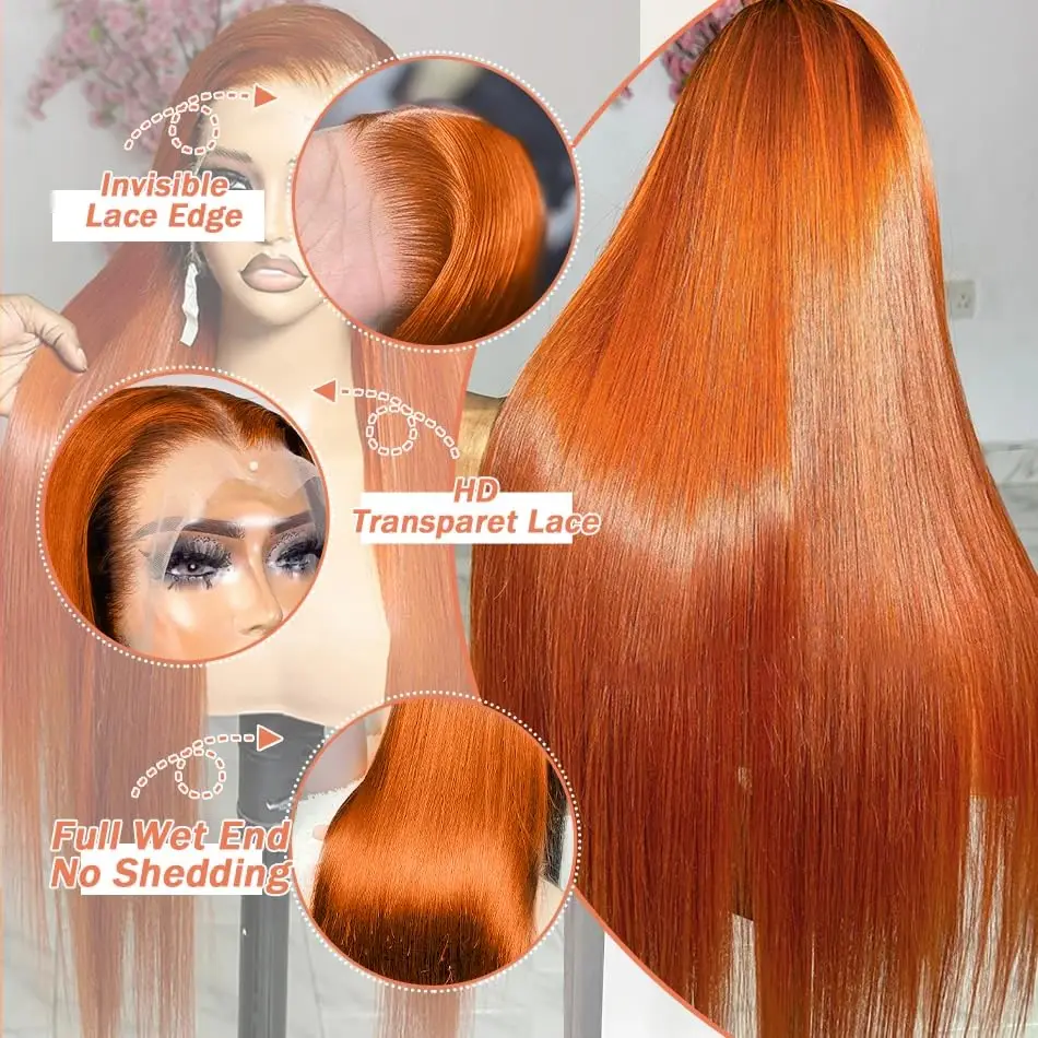 13x6 Wig jahe oranye renda lurus Wig rambut manusia 13x4 HD Wig Hai manusia berwarna Brasil