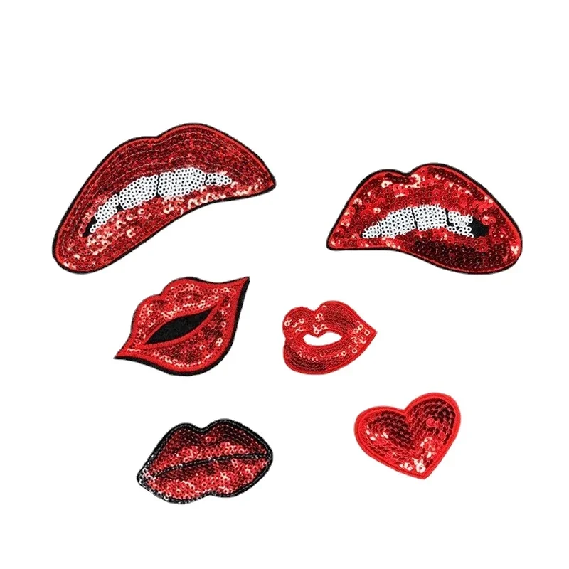 

50pcs/Lot Luxury Large Sequins Embroidery Patch Red Lips Mouth Love Heart Women Shirt Bag Clothing Decoration Craft Diy Applique