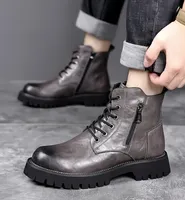 2025 Motorcycle High -top Leather Shoes Men Fashion Outdoor Warm Plush Ankle Boots Male Quality Snow Boot Footwear