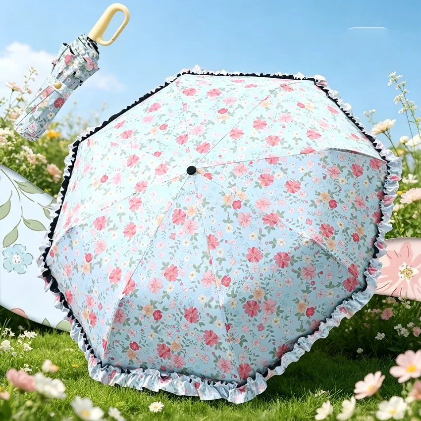 Korean Style Umbrella Princess with Applique Floral Ring Buckle Handle 3 Folding Sunny Rainy Black Coating UV-resistant Umbrella