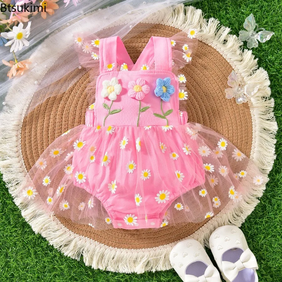 Summer Newborn Infant Baby Girls' Romper Dress Sleeveless 3D Flower Patchwork Tulle Overalls Backless Jumpsuits Baby Clothing