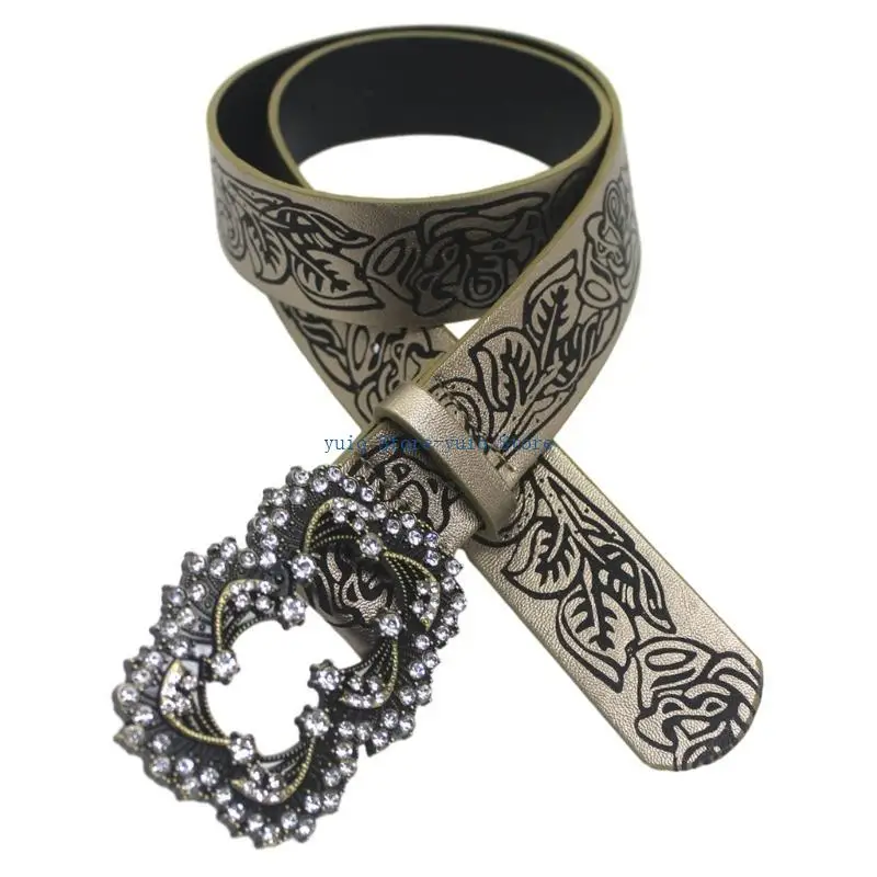 X7XB Womens Leather Belt for Dress Jeans Belt Vintage Floral Embossed Leather Wide Waist Belts for Women