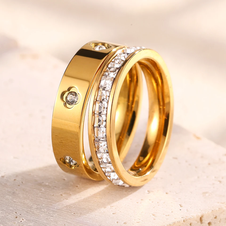 Yupsk-Conjunto de anillos de acero inoxidable multicapa para mujer, anillos apilables con incrustaciones de circonita cúbica brillante, regalo de joyería