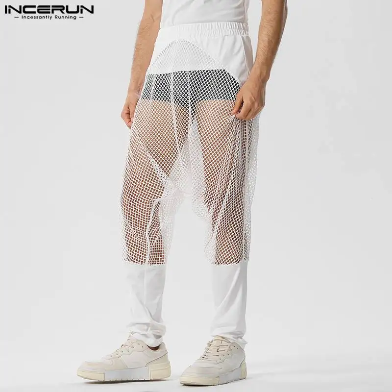 

INCERUN Men Pants Mesh Patchwork Elastic Waist Loose Transparent Joggers Sexy Trousers Men Streetwear 2024 Stylish Pants S-5XL