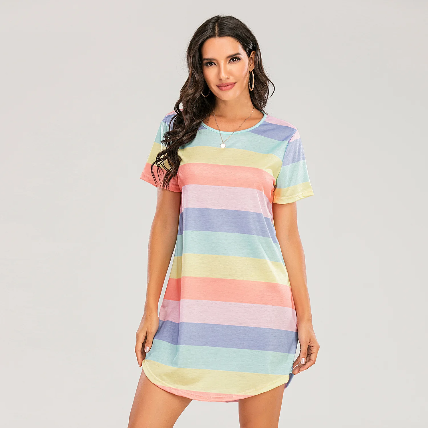 

Loose ort Sve Rainbow Stripes T-irt Nightgown Dr plus Size Women's Comfortable Home Clothes round Ne Basic Sle