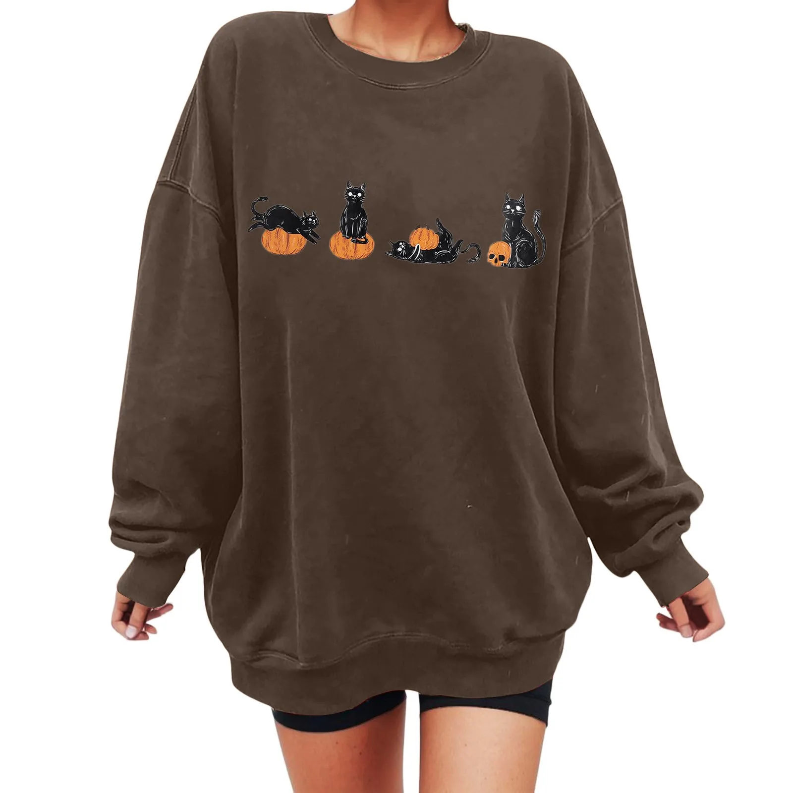 Halloween Sweatshirt Cat Pullover Halloween Cat Sweater Ghost Top Spooky Season Sweatshirts Unisex Long Sleeve Graphic Hoodies