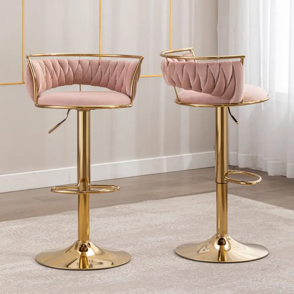 

Woven Bar Stools Set of 2, Adjustable Counter Height Bar Stools with Back and Solid Gold Base, Velvet Swivel Kitchen Stools for