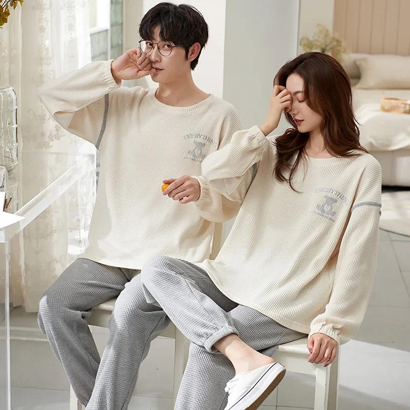 2024 New Waffle Pajamas Set Women and Men Matching Homewear Cotton Spring Long Sleeves Sleepwear for Lovers pijamas para parejas