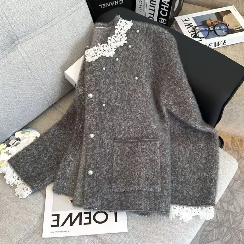Temperament Gray Premium Splicing Cardigan Beaded Lace Knitted Autumn Winter Sweater New Unique Fragrant Heavy Industry Jacket