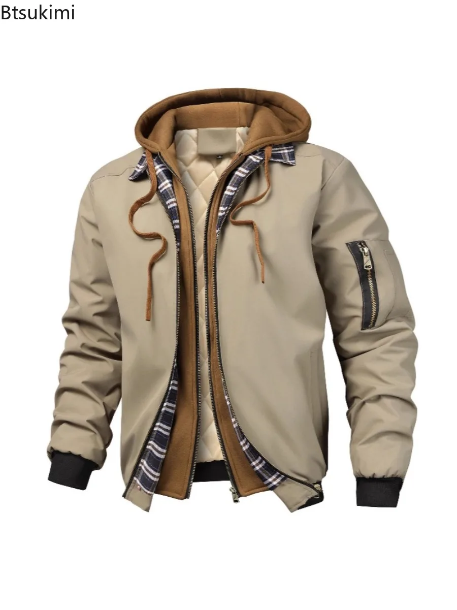 Men's Warm Bomber Jacket Outdoor Thick Windbreaker Hiking Hooded Coats Male Autumn Winter Thermal Sports Zipper Parkas Jackets