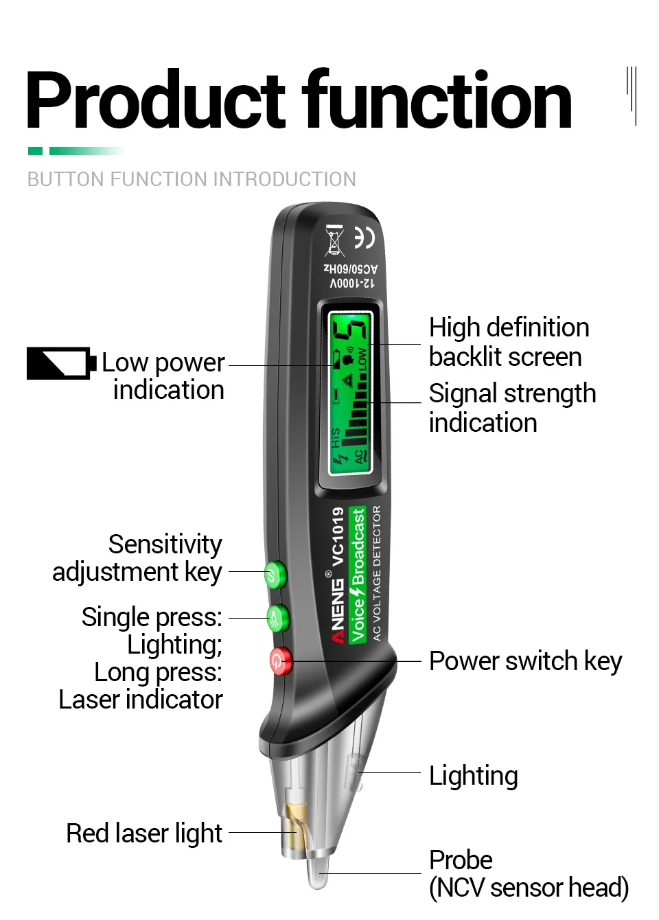 ANENG VC1019 Berührungsloser Spannungsprüfer mit Sprachausgabe 12-1000V AC Neutralleiter- und Spannungsleiter-Detektor mit Ton- und Lichtalarm sowie LED-Taschenlampe – Detail 10