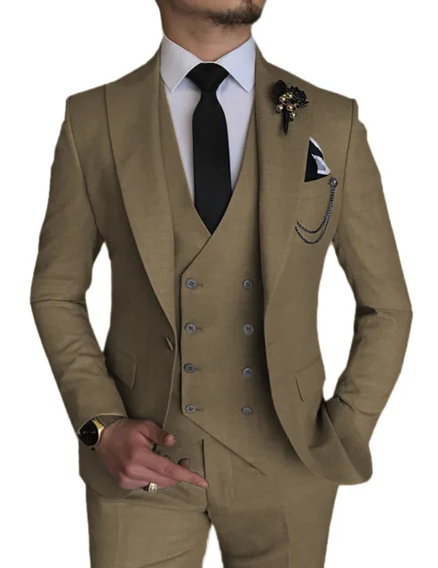 Lansboter Beige Men Suits 3 Pieces Slim Formal Peak Lapel Fit Wedding Business Evening Suit Jacket Vest With Pants