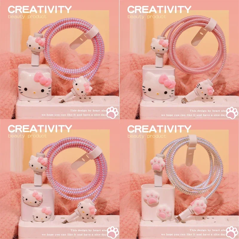 Sanrio Hello Kitty Data Cable Protective Cover Anime Figures Decorate Applicable 20W Iphone Charger Protective Case Accessories