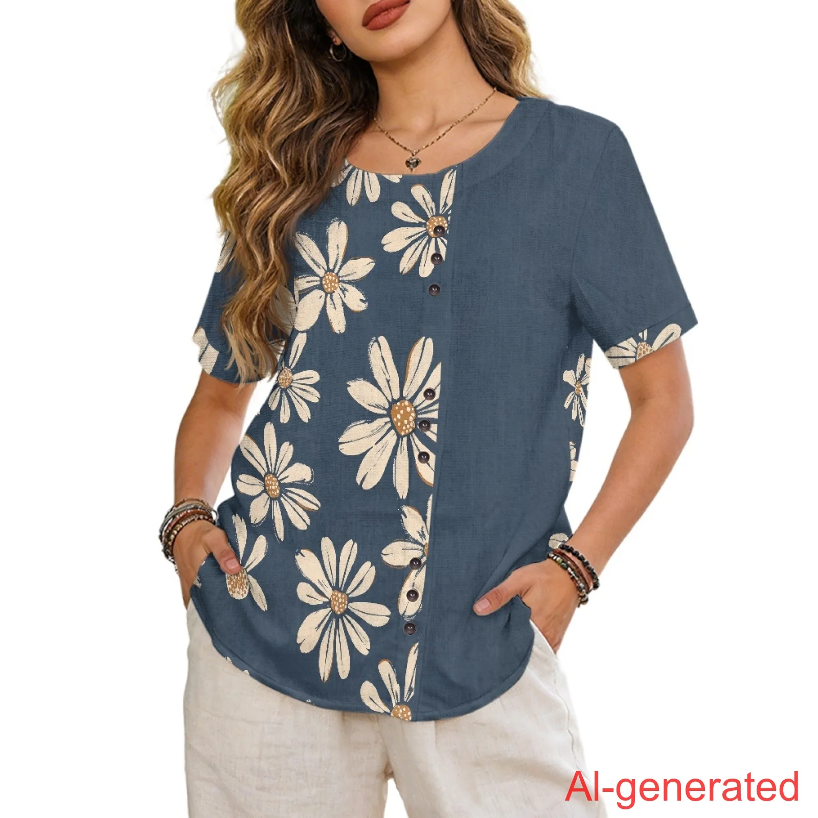 

INSTANTARTS Women'S Linen Short-Sleeved Shirt Daisy Soft Breathable Lightweight Comfortable Round Neck T-Shirt Hawaii Outfits