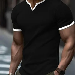 2024 Summer New V-neck Trendy Fashion American Street Solid Short Sleeve T-shirt Men's Casual Loose Sports Quick Drying Thin Top
