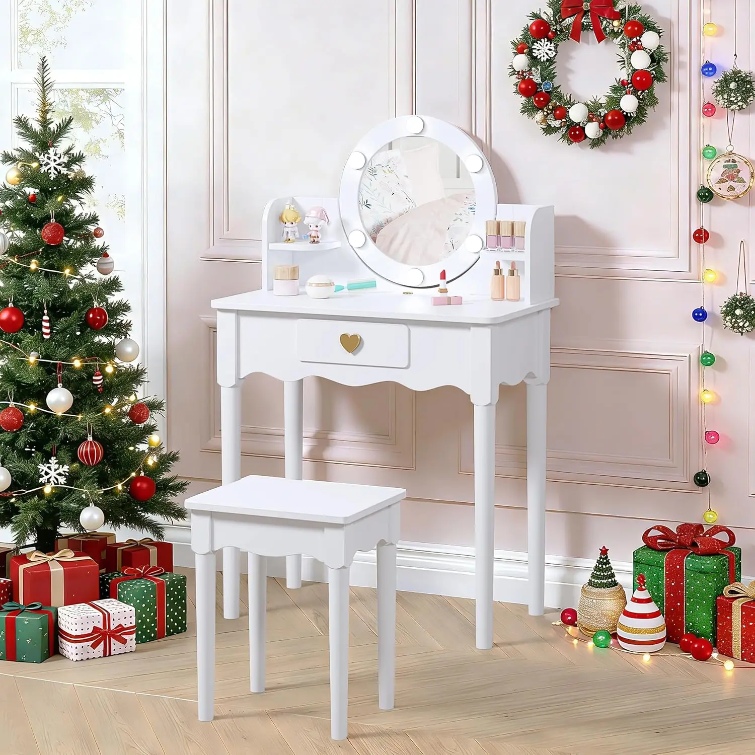 

Girls Vanity Set with Mirror, Stool & LED Lights - Wooden Princess Makeup Desk Dressing Table in White