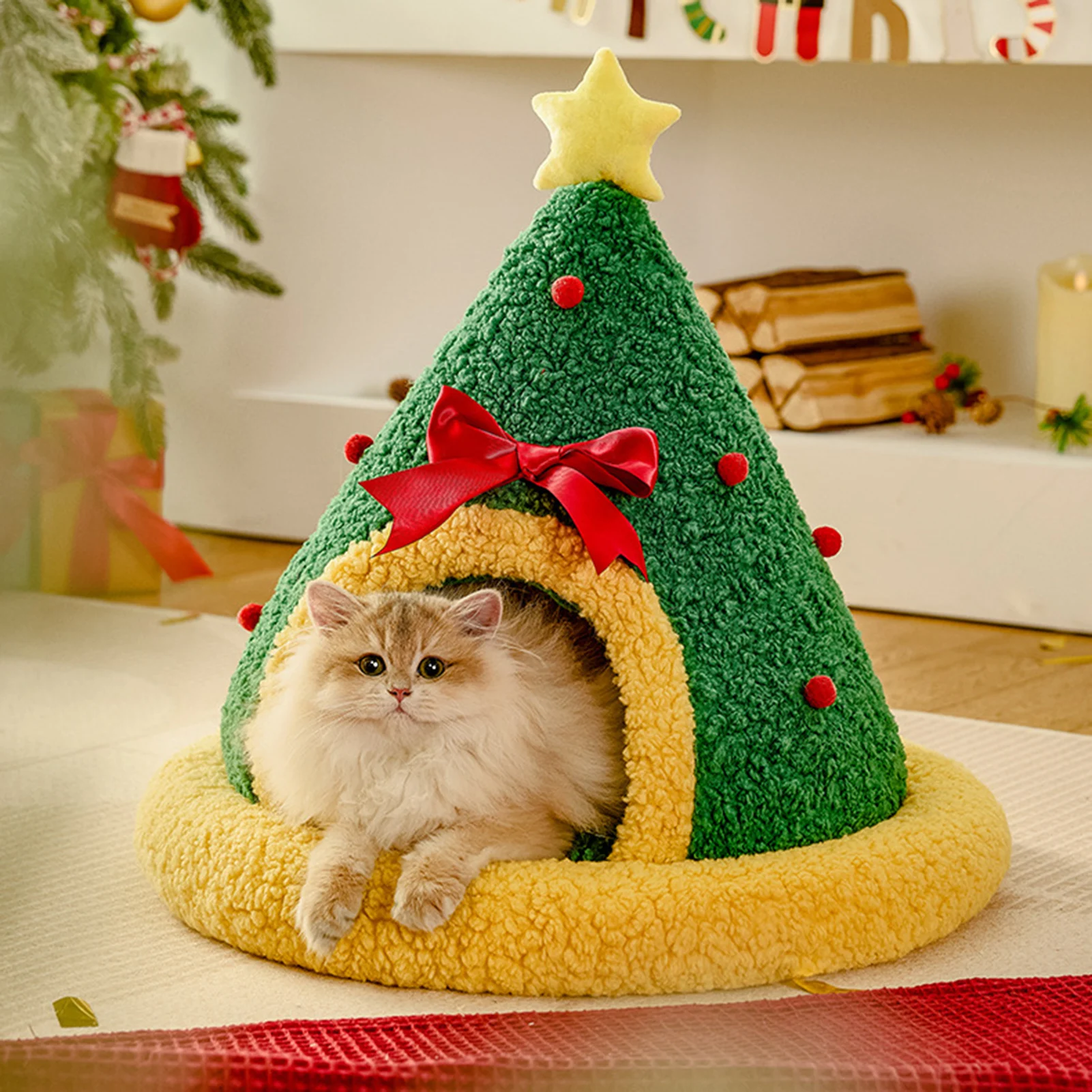 

Christmas Pet Bed Winter Warm Pet House Semi-enclosed Cat Dog Decor Sleep Cushion Thermal Insulation For Small To Medium Pets