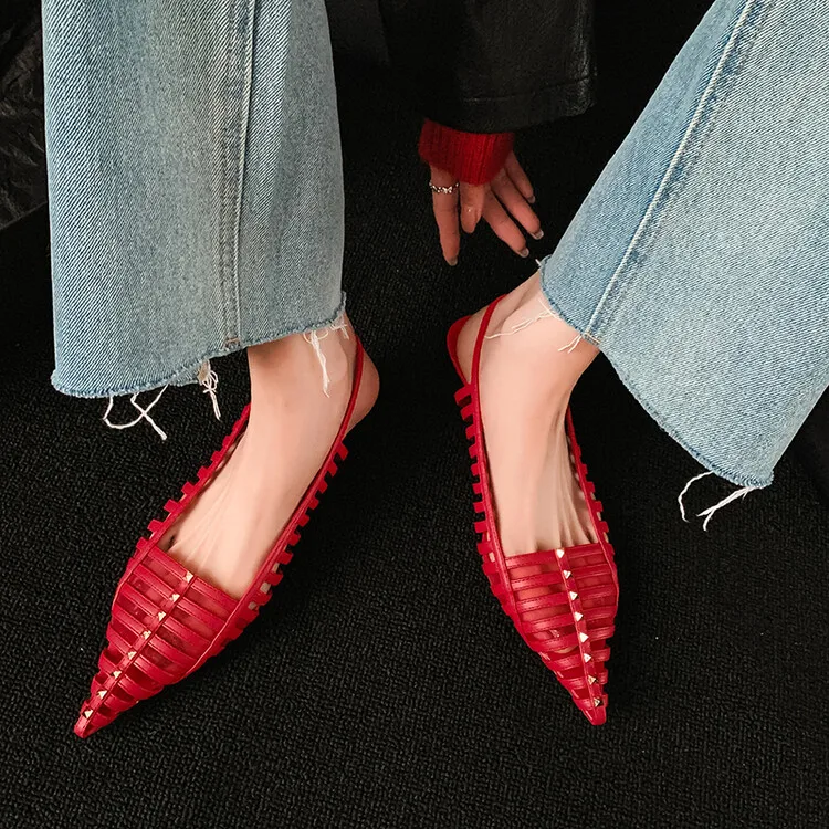 2024 Gladiator Red Leather Women Flats Sandals Thin Strap Summer Beach Shoes Chic Slingback Black Sandalias Femmes Zapatos