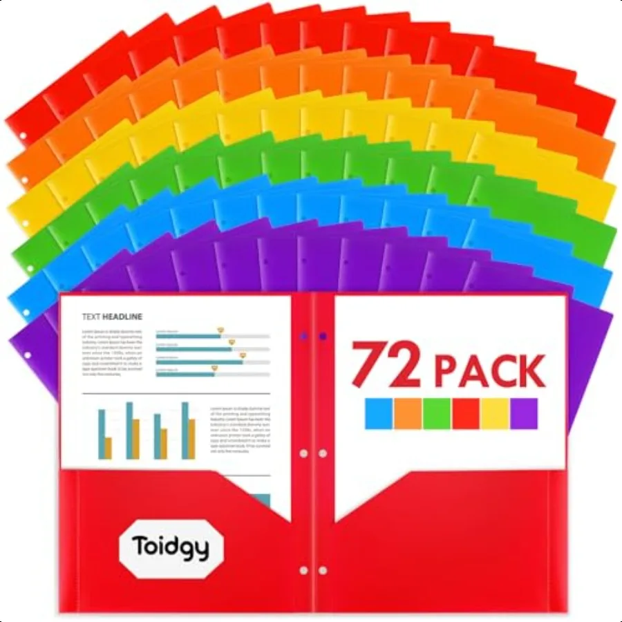 

72 Pack 2 Pocket Folders with 3 Holes Punch Plastic Folder for 3 Ring Binder Heavy Duty Folders Bulk for Letter Size Paper Asso