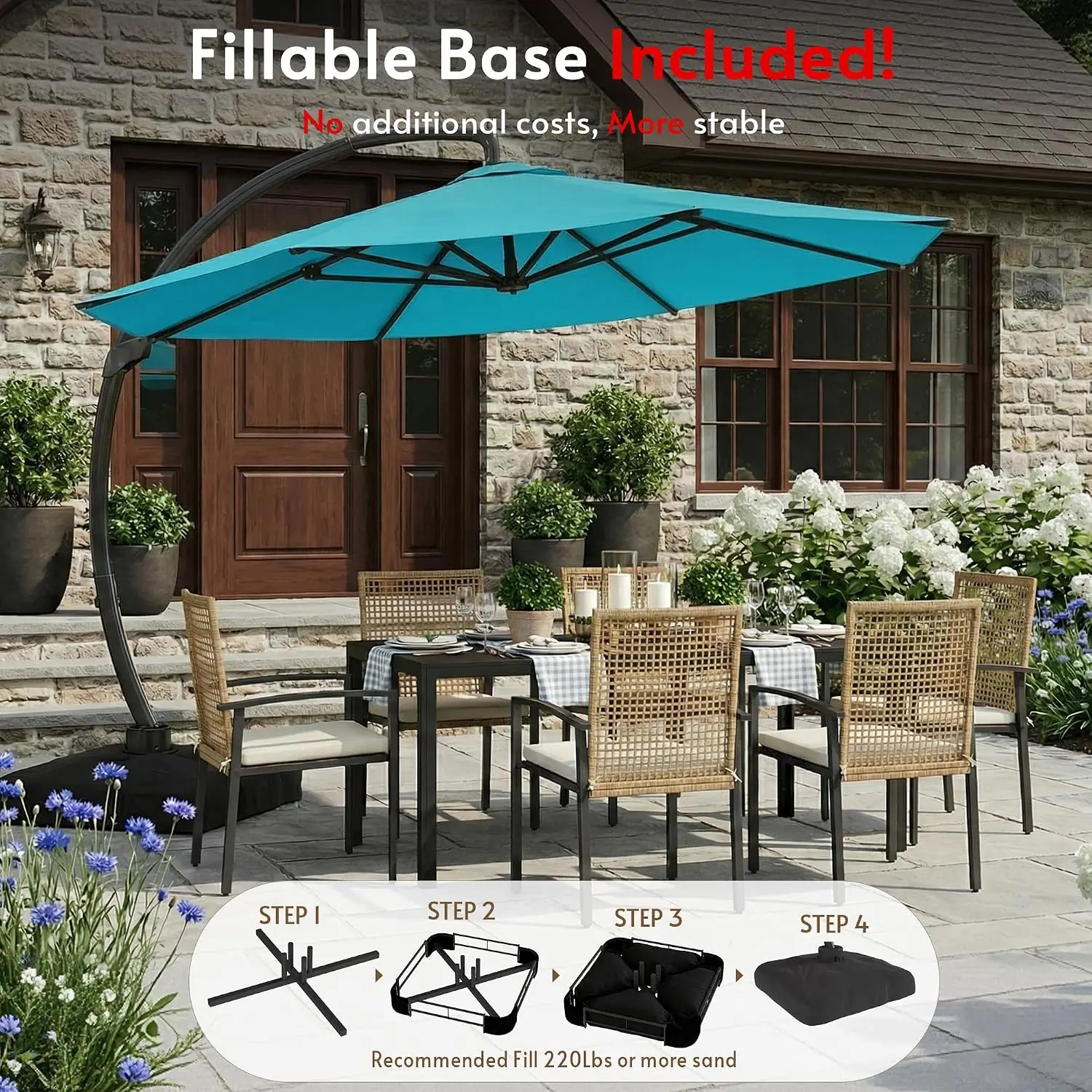 11FT Cantilever Patio Umbrella w/ Base, 360°Rotation Offset Outdoor Umbrella for Patio Pool Garden Backyard, Customized