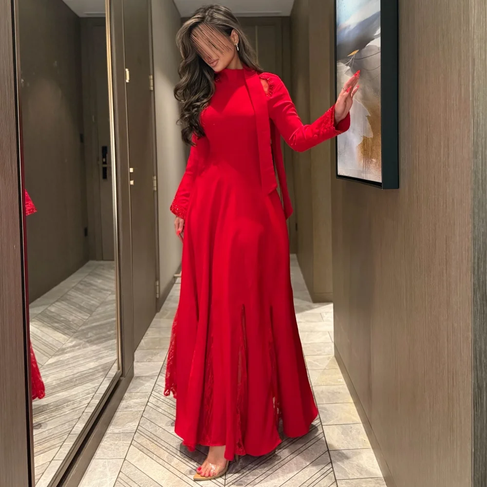 Customized Retro Unisex Red Jersey Ball Sequined Lace A-line High Collar Floor-Length Evening Dresses High Quality Party Gowns