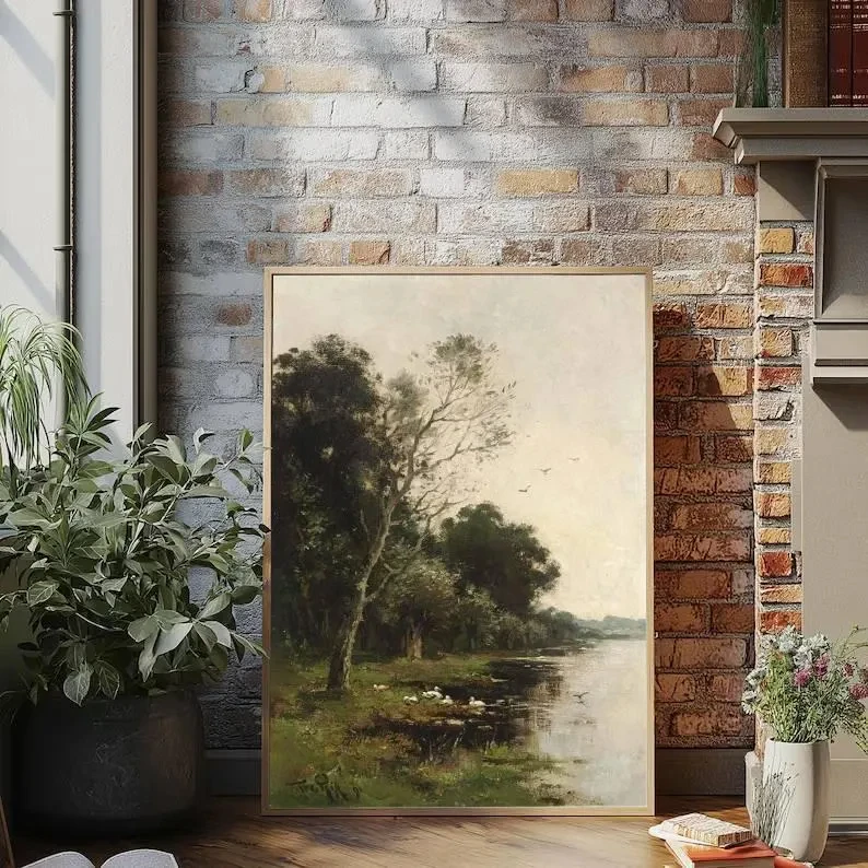 Vintage Landscape Canvas Painting Wall Art Antique River Landscape Painting Rustic Cottage Wall Decor No Frame