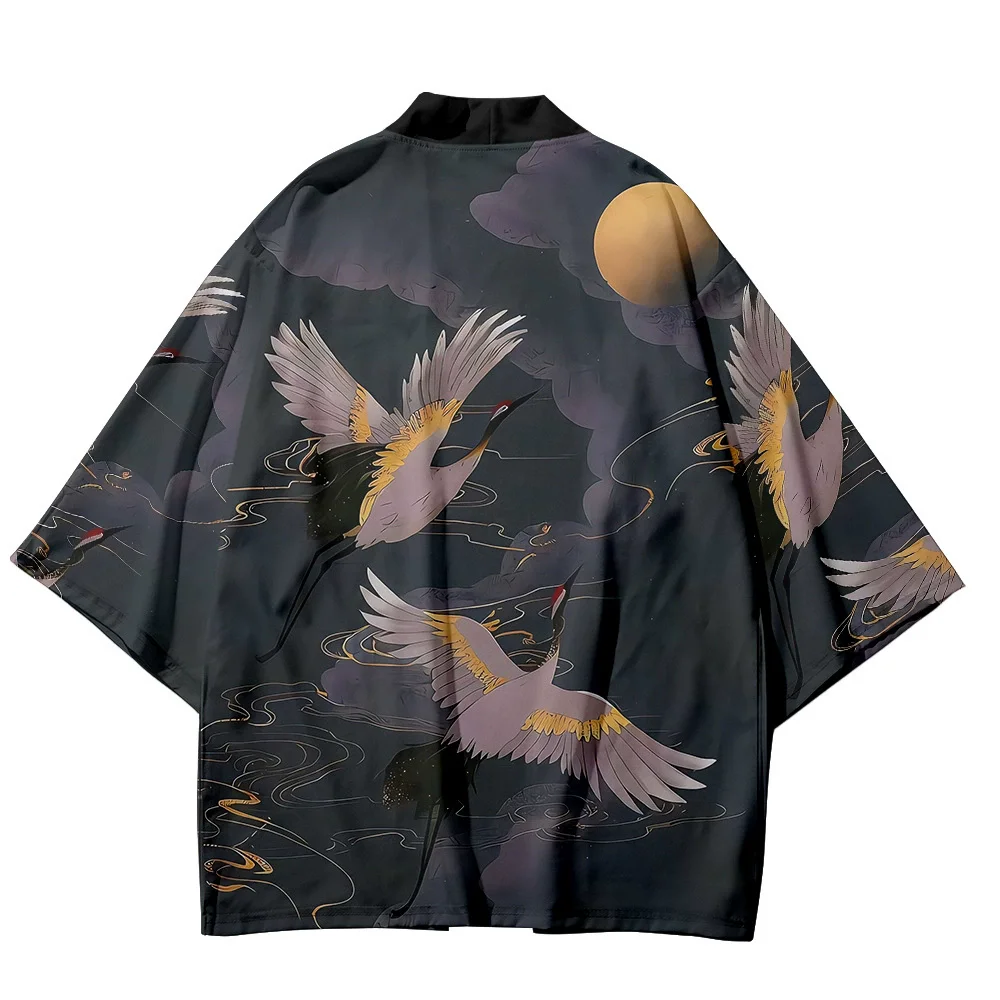 

Japanese Street Fashion Cardigan Kimono Classic Traditional Crane Print Casual Loose Cardigan Short Sleeve Cardigan Kimono