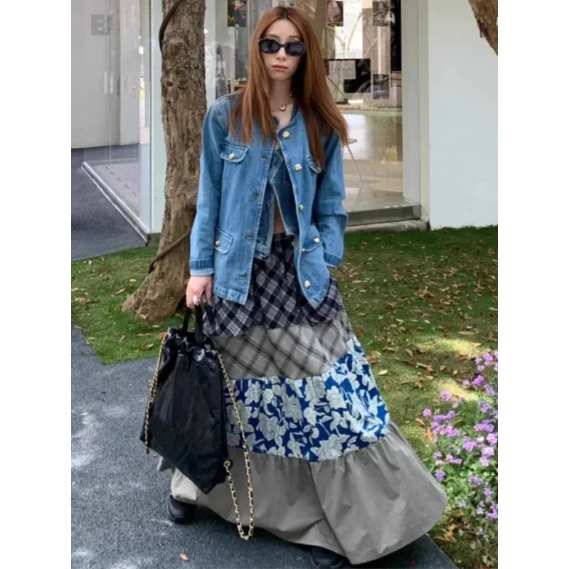

Korean Style Retro High-waisted Plaid New Plaid Design Loose Long Skirt for Women