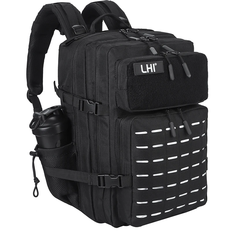 

LHI 45L Tactical Backpack Men Black Spotrs Athlete Gym Bag Outdoor Camping Hiking Rucksack Army Assault Pack with Bottle Holder