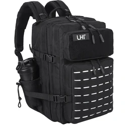 LHI 45L Tactical Backpack Men Black Spotrs Athlete Gym Bag Outdoor Camping Hiking Rucksack Army Assault Pack with Bottle Holder