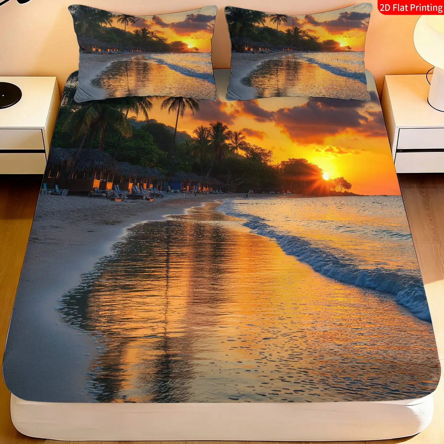 3-Piece Mattress Protector Set with Beach-Themed Bedding, Suitable for Resort and Vacation Home Decor. Palm Tree and Ocean Wave Print Fitted Sheet and Pillowcase, Stain-Resistant Mattress Protector Cover. Suitable for All Seasons, Machine Washable, Easy to Care For, Suitable for Home Bedrooms, a Must-Have for Dorms and Rentals, Master Bedroom and Guest Room Decor, Dust-Proof and Stain-Resistant, High Elasticity, Fits Various Sizes