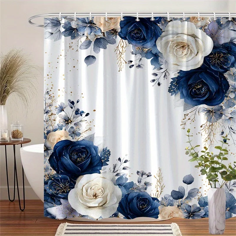 1 Elegant Blue Peach Rose Lace Shower Curtain - White Background Gold Trim with Hook Machine Washable Polyester Material