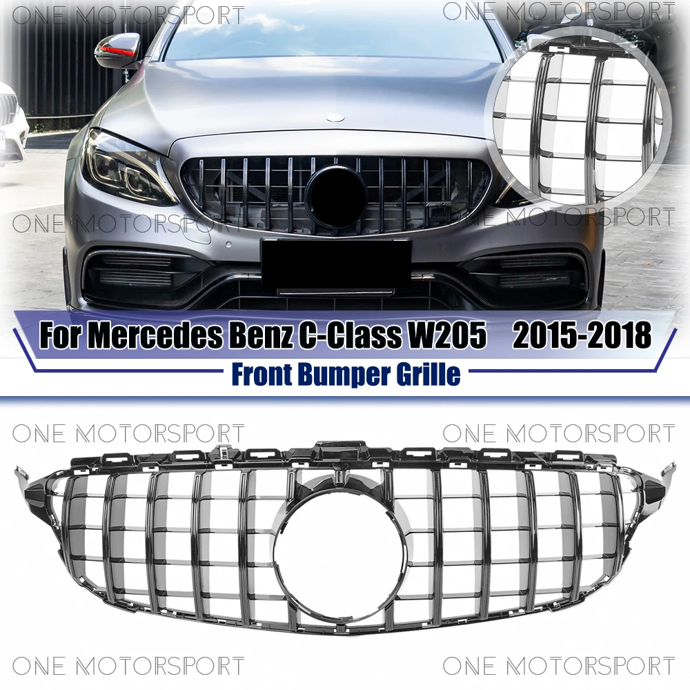 

Стиль GTR для Mercedes Benz C-Class W205 2015-18 C200 C250 C300 C350 без камеры 360, глянцевая черная гоночная решетка, решетка бампера